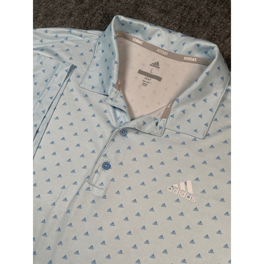 Adidas Golf Polo Shirt Mens Large Light Blue Logo Print Short Sleeve